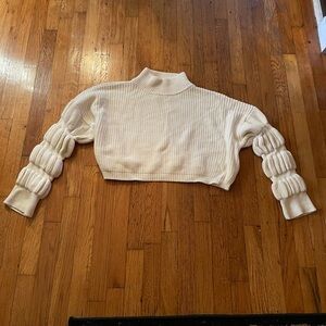 Cream cropped Sweater with Puff Sleeves